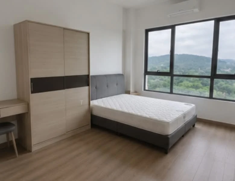 Bedroom features: queen-size bed, upholstered headboard, wooden wardrobe with sliding doors, study desk, chair, floor-to-ceiling windows, mountain view, laminate flooring, air conditioning unit, neutral wall color; style: modern; view: mountain.