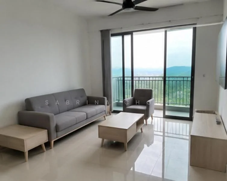 Living features: 3-seater fabric sofa in grey, coffee table with wooden legs, TV console in light wood, floor-to-ceiling windows, sliding glass door, mountain view, light-colored tiled flooring, ceiling fan; style: modern; view: mountain.