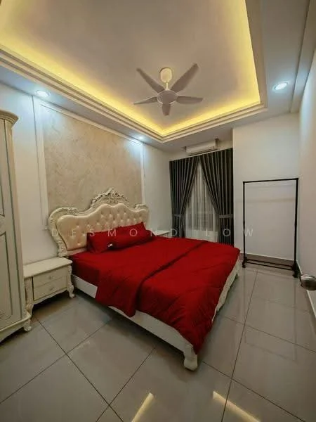 Bedroom features: king-size bed with red bedding, upholstered headboard, 2 bedside tables with drawers, ceiling fan with light, recessed LED downlights, white painted walls, grey curtains, tile flooring, decorative wall panel, full-length mirror on stand; style: modern.