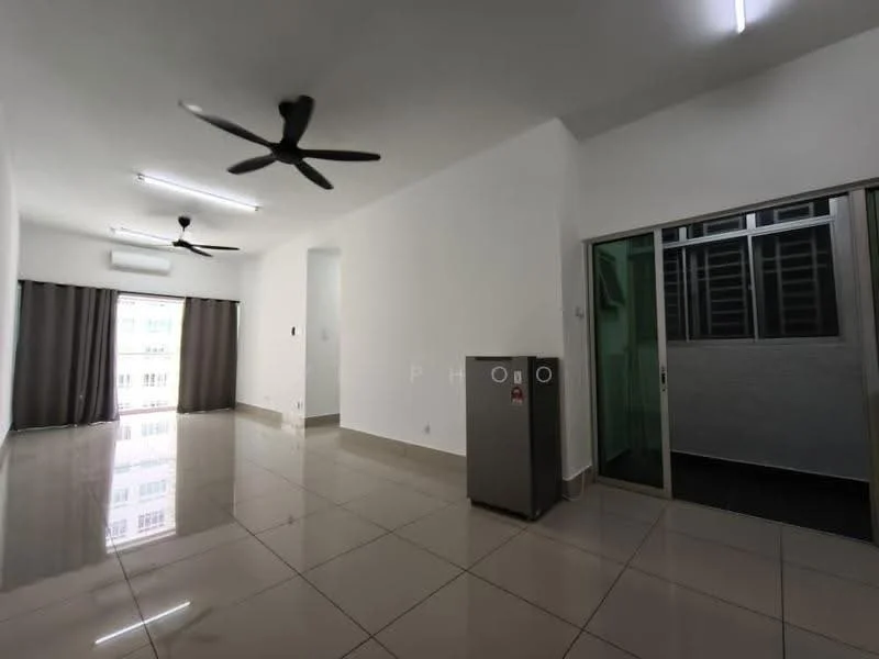 Living features: white painted walls, polished ceramic tile flooring, 5-blade ceiling fan, 2 wall-mounted split AC units, floor-to-ceiling windows, sliding glass door, grey curtains, recessed LED downlights, corner fridge; style: modern. Room features: white painted walls, polished ceramic tile flooring, 5-blade ceiling fan, window with metal grilles.