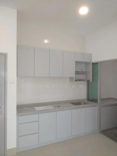 Kitchen features: light grey cabinetry, laminate countertop, single-bowl stainless-steel sink, chrome pull-down faucet, wall-mounted cabinets, tile backsplash, built-in shelving, neutral wall colour, recessed ceiling lights, floor tile flooring; style: modern.