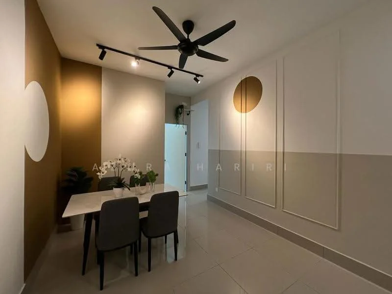 Dining features: 4-seater dining table, grey upholstered dining chairs, white walls with accent wall in brown, decorative wall paneling, recessed downlights, 5-blade ceiling fan in black, tile flooring, indoor plants on table; style: modern.