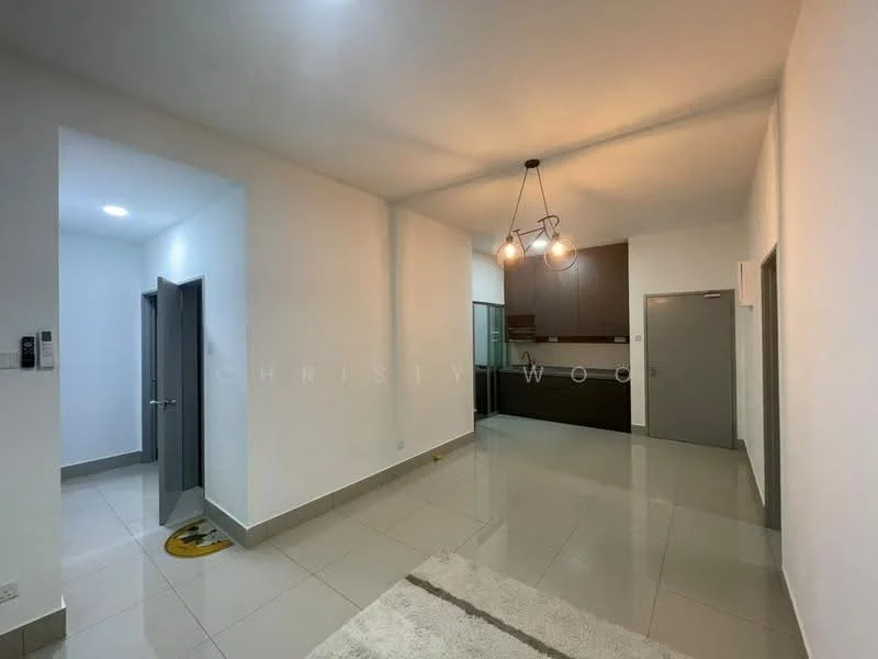 Living features: white painted walls, glossy ceramic tile flooring, recessed downlights, pendant light fixture, open kitchen layout, kitchen cabinetry in dark wood, countertop in light color, door leading to another room, door leading to bathroom, area rug, neutral color scheme; style: modern.