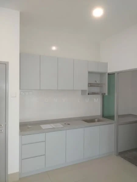 Kitchen features: light grey cabinetry, stainless-steel sink, single-bowl sink, chrome faucet, grey countertop, wall-mounted cabinets, open shelving, tile backsplash, neutral tile flooring, recessed ceiling lights; style: modern.
