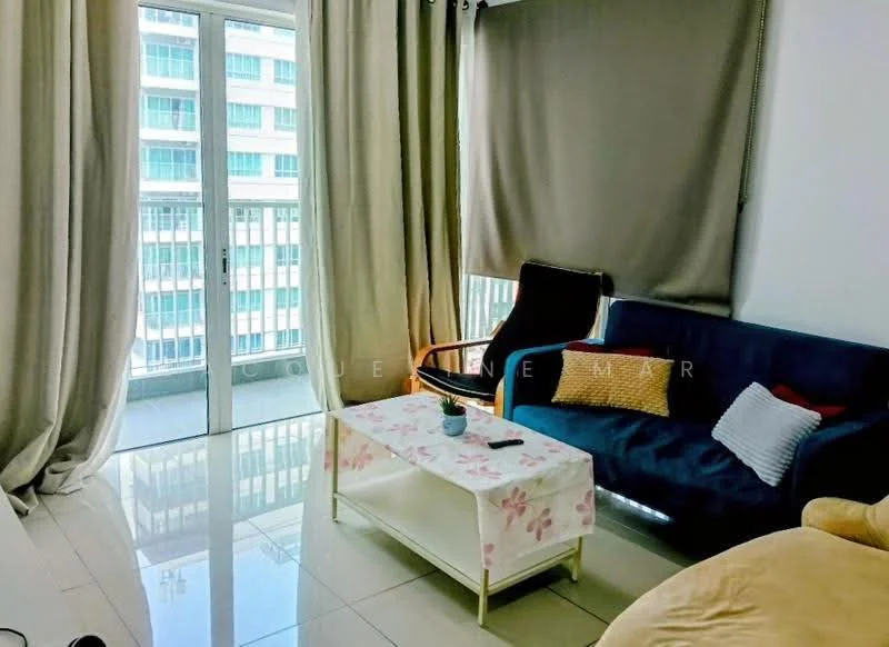 Living features: floor-to-ceiling windows, sliding glass door, cream curtains, grey fabric sofa, coffee table with floral design, area rug, decorative cushions, glossy tile flooring; style: modern; view: city.