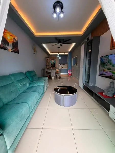 Living features: 3-seater fabric sofa in teal, coffee table, wall-mounted TV, TV console, recessed ceiling lights, ceiling fan, white painted walls, tile flooring, decorative wall art, area rug, open layout to dining area; style: modern.