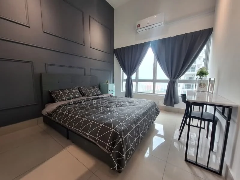 Bedroom features: king-size bed with grey upholstered headboard, grey bedding with geometric pattern, 2 bedside tables, 1 study desk with black metal legs, 1 chair with black metal frame, floor-to-ceiling windows, grey curtains, wall-mounted air conditioning unit, cream painted walls, glossy tile flooring; style: modern; view: city.