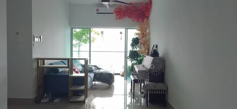 Living features: white painted walls, glossy tile flooring, 5-blade ceiling fan, large sliding glass door, floor-to-ceiling windows, sofa with cushions, wooden console table, decorative plants, decorative wall art, area rug; style: modern; view: garden.