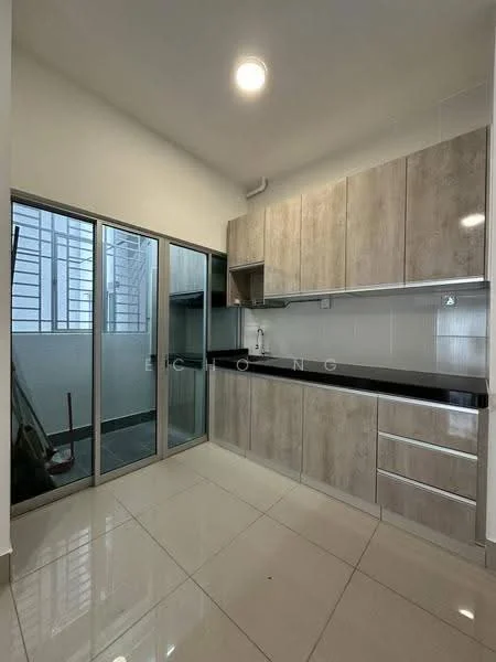 Kitchen features: light wood cabinetry, black countertop, stainless-steel sink, chrome pull-down faucet, built-in oven, ceramic tile flooring, recessed downlights, sliding glass door, window with metal grille, open shelving, wall-mounted cabinets; style: modern.
