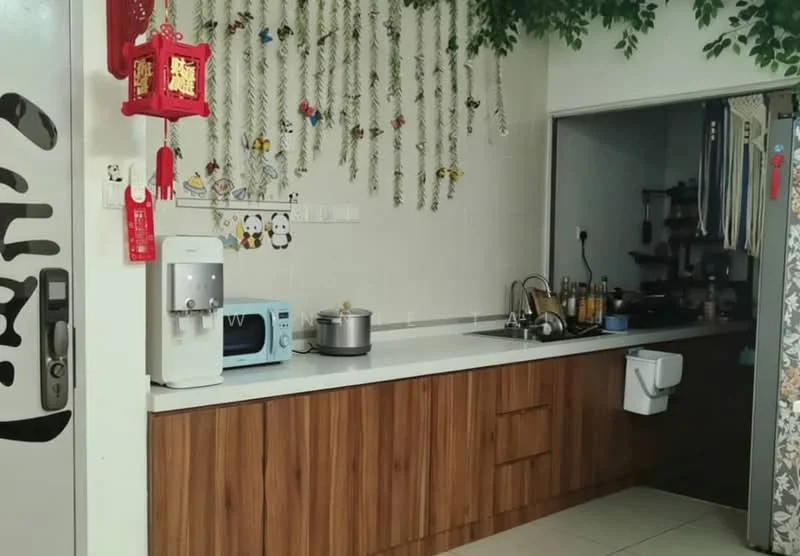 Kitchen features: wood cabinetry, white countertop, stainless-steel sink, chrome faucet, built-in microwave, freestanding stove, decorative wall plants, wall-mounted storage, tile flooring, wall with decorative art, open shelving; style: modern.