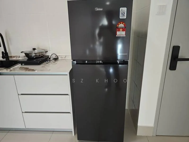 Kitchen features: black fridge, stainless-steel sink, chrome pull-down faucet, white cabinetry, marble countertop, ceramic tile flooring, built-in stove, wall-mounted cabinet; style: modern.