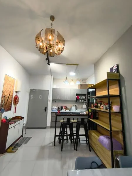 Kitchen features: grey cabinetry, white countertops, stainless-steel sink, chrome pull-down faucet, built-in oven, freestanding range oven, microwave, refrigerator, pendant lighting, chandelier, open shelving, bar stools, tile flooring, wall-mounted storage, decorative wall art; style: modern.