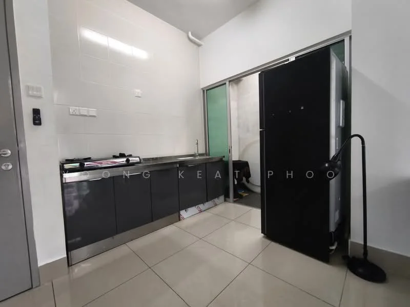 Kitchen features: grey cabinetry, stainless-steel sink, single-bowl stainless-steel sink, black refrigerator, ceramic tile flooring, white tiled walls, countertop with backsplash, built-in stove, wall-mounted kitchen cabinet, sliding glass door to utility area; style: modern.