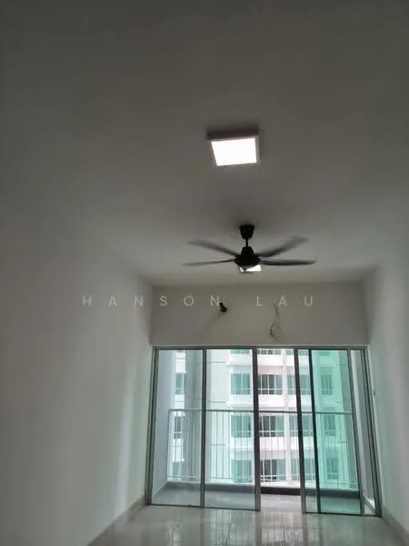 Room features: white painted walls, polished tile flooring, 5-blade ceiling fan, recessed ceiling light, floor-to-ceiling sliding glass door, balcony with railing, view of exterior building, natural light from windows; style: modern; view: city.