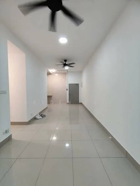 Room features: white painted walls, glossy ceramic tile flooring, 2 ceiling fans, recessed downlights, door to another room, neutral color scheme, open hallway layout; style: modern.