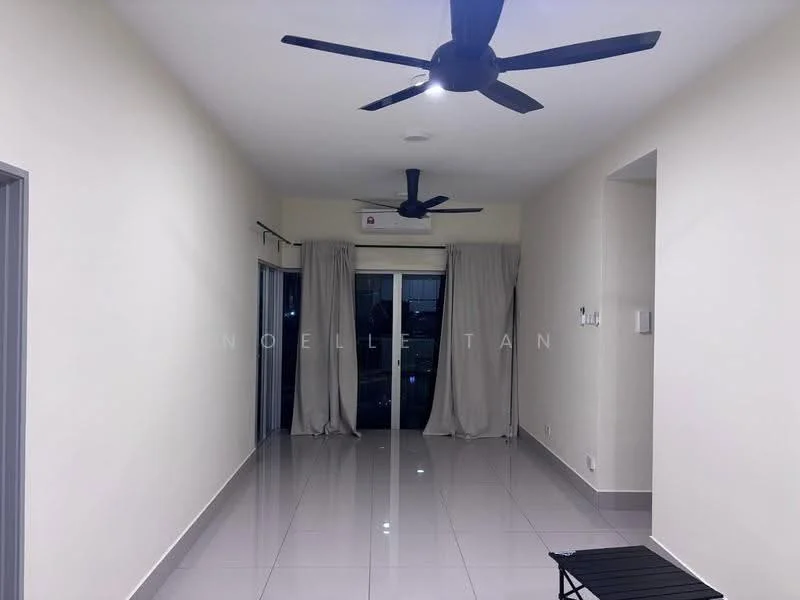 Room features: white painted walls, grey tiled flooring, 2 ceiling fans, floor-to-ceiling windows, sliding glass door, sheer curtains, air conditioning unit, recessed lighting; style: modern; view: city.