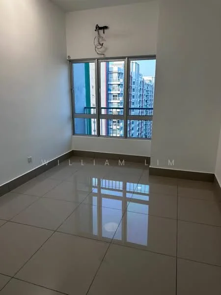 Room features: white painted walls, glossy ceramic tile flooring, floor-to-ceiling windows, city view, window treatments, ceiling light fixture, electrical wiring visible on wall; style: modern; view: city.