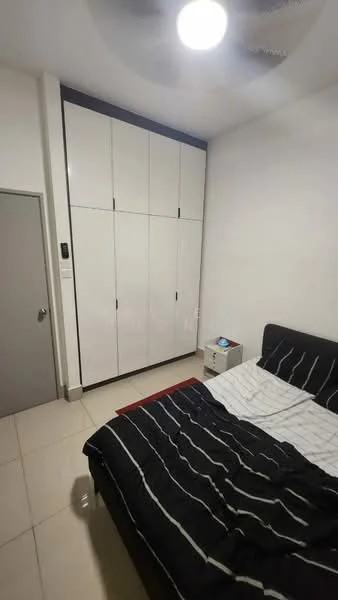 Bedroom features: queen-size bed with white bedding, black and white striped bedspread, built-in wardrobe with white doors, cream tiled flooring, ceiling fan, nightstand with lamp, white walls, window with no visible treatment; style: modern.