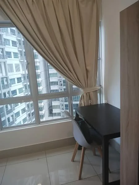 Study features: floor-to-ceiling windows, curtains, black desk, white chair with wooden legs, glossy tile flooring, neutral wall color, city view; style: modern; view: city.