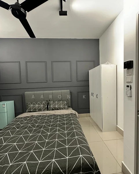 Bedroom features: grey accent wall, white painted walls, 5-blade ceiling fan, queen-size bed with geometric patterned bedding, upholstered headboard, two bedside pillows, white wardrobe, tile flooring, decorative wall panels, wall-mounted intercom, doorbell, window with no visible treatment; style: modern.