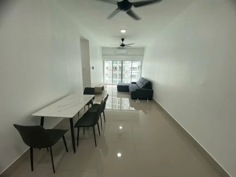 Living features: white painted walls, glossy tile flooring, 5-blade ceiling fan, recessed downlights, large windows with sheer curtains, sofa in dark grey fabric, marble dining table, 4 upholstered dining chairs in black, TV console, decorative wall clock; style: modern; view: city.