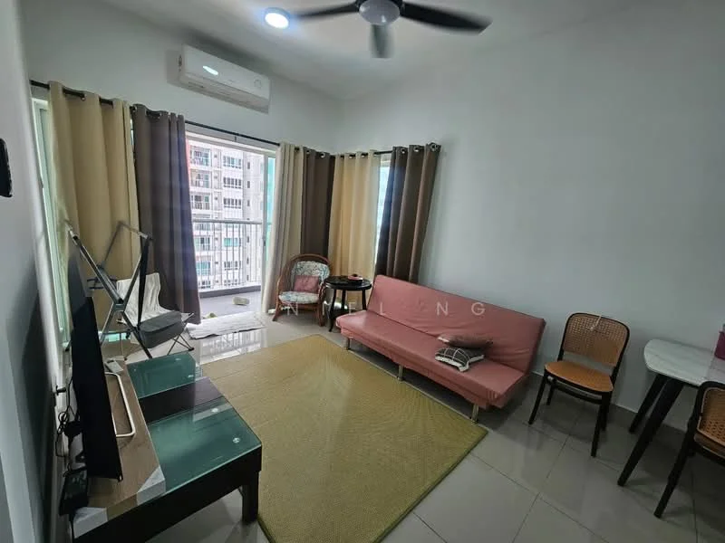 Living features: 3-seater fabric sofa in pink, coffee table, TV console, wall-mounted TV, area rug, floor-to-ceiling windows, sheer curtains, blackout curtains, ceiling fan, wall-mounted split AC, decorative chair, dining table with chairs; style: modern; view: city.