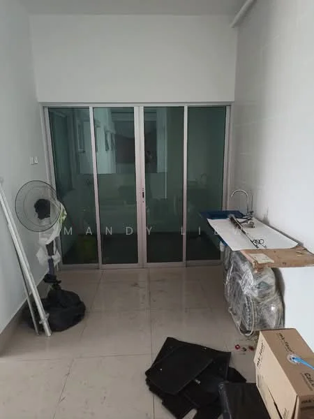 Room features: sliding glass door, white walls, tile flooring, ceiling fan, work table, sink, boxes, plastic wrap, cleaning equipment.