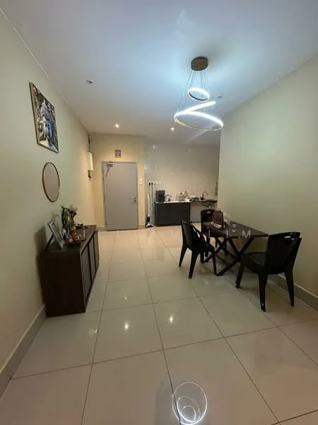 Dining features: white painted walls, glossy tile flooring, recessed ceiling lights, modern pendant light fixture, dining table with four chairs, wooden sideboard, decorative wall art, door leading to hallway, kitchen area visible in background; style: modern.