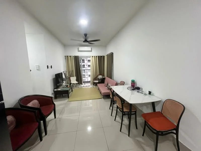 Living features: white painted walls, glossy tile flooring, 5-blade ceiling fan with light, sofa in pink, sofa in beige, coffee table, TV console, wall-mounted TV, curtains in beige, area rug in green, dining table with white top, 4 dining chairs, decorative items on table; style: modern; view: city.