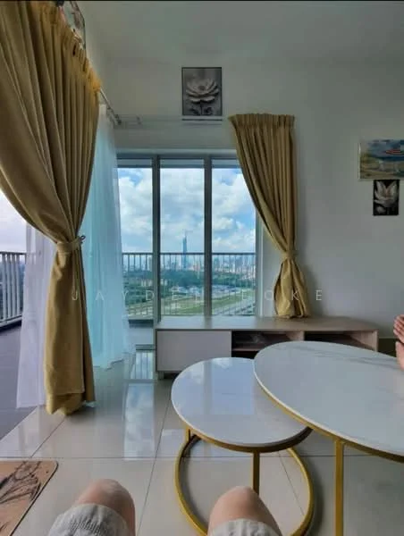 Living features: floor-to-ceiling windows, sheer curtains, golden accent coffee table, white marble-top coffee table, light grey walls, cream curtains, decorative wall art, tile flooring; style: modern; view: city.