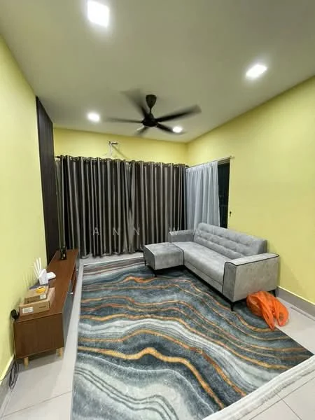 Living features: grey fabric sofa, single chaise lounge, wooden TV console, area rug with abstract pattern, yellow painted walls, dark wood accent wall, floor-to-ceiling curtains, recessed LED downlights, ceiling fan, sliding glass door; style: modern.