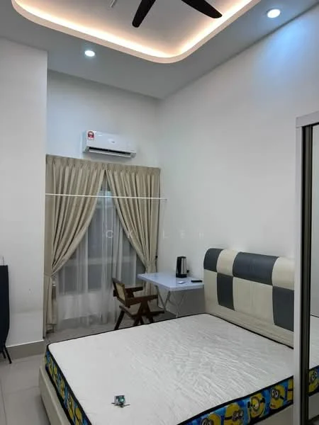 Bedroom features: queen-size bed with upholstered headboard, white walls, recessed ceiling with LED lighting, 5-blade ceiling fan, floor-to-ceiling window with sheer curtains, wooden study table, chair, air conditioning unit, tile flooring; style: modern.