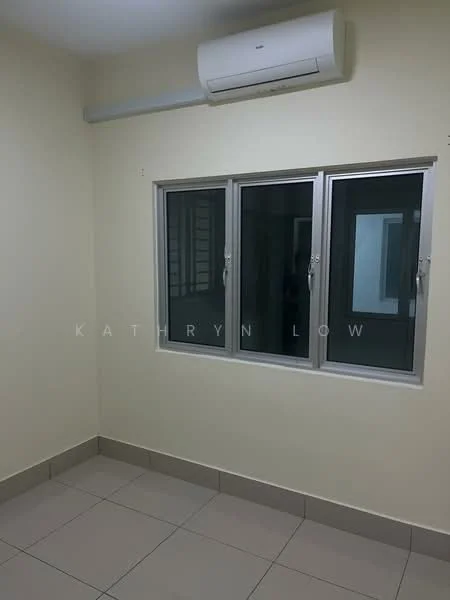 Room features: cream painted walls, tile flooring, 1 wall-mounted split AC, 3-panel sliding windows, window treatments not visible, no visible furniture or decor.