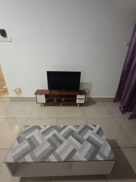 Living features: white painted walls, glossy tile flooring, TV console in wood and white, wall-mounted TV, coffee table with geometric pattern, purple curtains, floor-to-ceiling window, cable management visible; style: modern.
