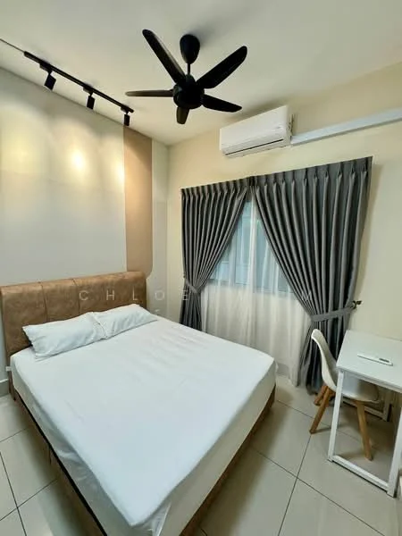 Bedroom features: queen-size bed, upholstered headboard, 2 bedside lamps, floor-to-ceiling window, grey curtains, white walls, recessed downlights, 5-blade ceiling fan, air conditioning unit, study desk, tile flooring; style: modern.
