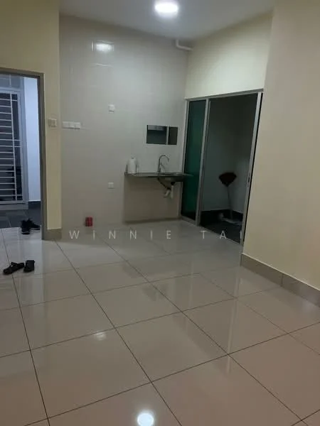 Room features: cream painted walls, glossy ceramic tile flooring, recessed ceiling lights, wall-mounted sink, glass door, open space layout, floor-to-ceiling windows, no visible furniture; style: modern.
