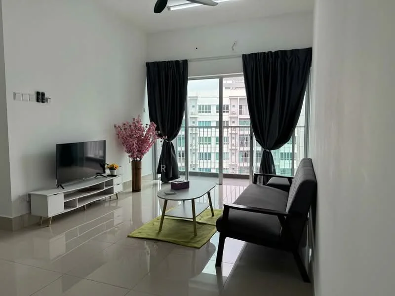 Living features: grey fabric sofa, white coffee table, TV console, wall-mounted TV, floor-to-ceiling windows, blackout curtains, light-coloured walls, polished tile flooring, decorative pink flower arrangement, green area rug, ceiling fan; style: modern; view: city.