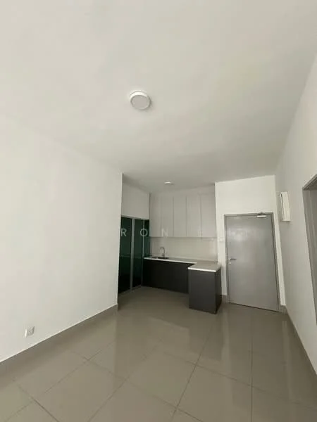 Kitchen features: white painted walls, grey cabinetry, white countertop, single-bowl stainless-steel sink, chrome pull-down faucet, built-in kitchen appliances, tile flooring, recessed downlights; style: modern.