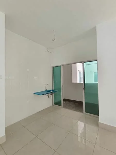 Room features: white painted walls, grey tiled flooring, single-bowl stainless-steel sink, glass sliding doors, window with green glass panels, ceiling light fixture, open layout, countertop with blue surface; style: modern.