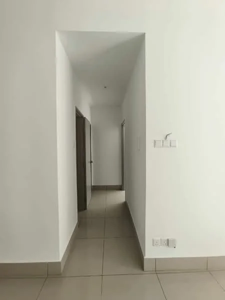 Hallway features: white painted walls, tile flooring, recessed ceiling lights, doorway to adjacent rooms, neutral color scheme; style: modern.