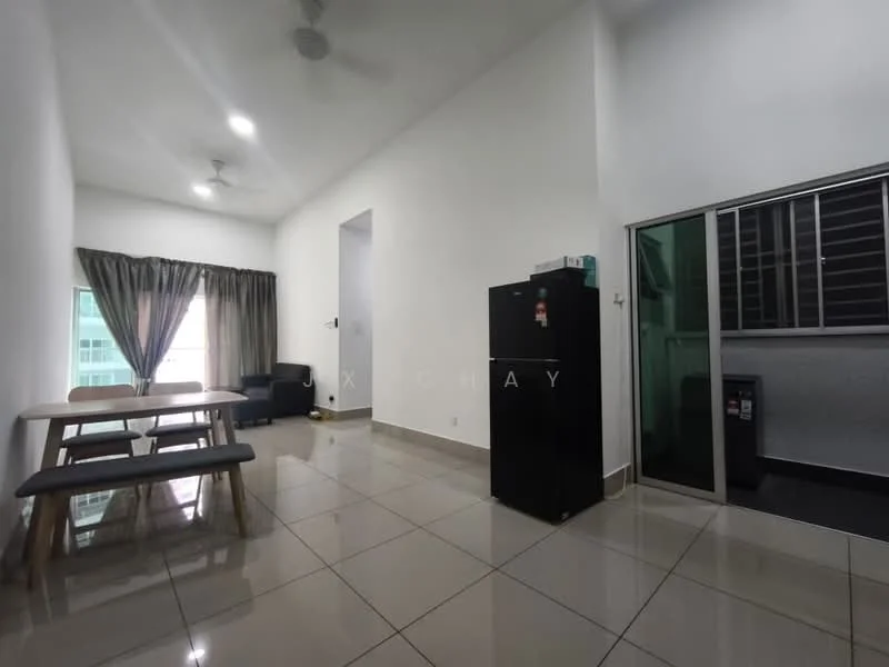 Living features: grey tiled flooring, white painted walls, ceiling fan, large window with sheer curtains, black refrigerator, wooden dining table, 4 dining chairs, sliding glass door, corner sofa, decorative wall art; style: modern; view: city.