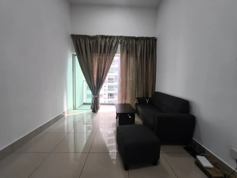 Living features: white painted walls, glossy tile flooring, floor-to-ceiling windows, sheer curtains, dark fabric sofa, black coffee table, black ottoman, natural light from window; style: modern; view: city.