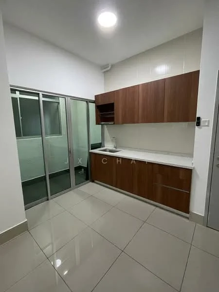 Kitchen features: brown wooden cabinetry, white countertop, single-bowl stainless-steel sink, chrome pull-down faucet, built-in stove, glass sliding door, tile flooring, recessed downlights, wall-mounted cabinets, open shelving; style: modern.
