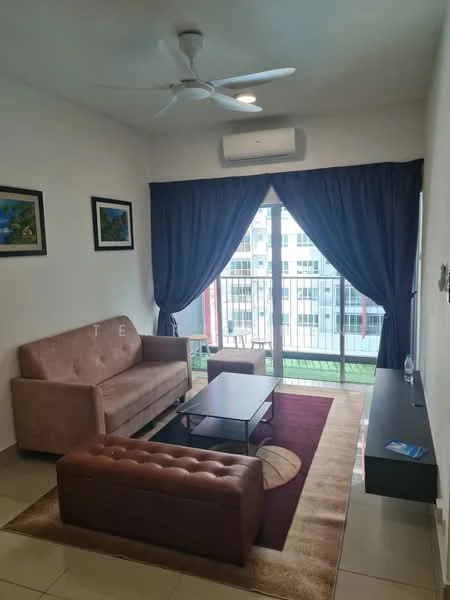 Living features: 3-seater fabric sofa in beige, coffee table with glass top, area rug with geometric pattern, wall-mounted TV console, floor-to-ceiling windows, curtains in dark blue, ceiling fan with light, air conditioning unit, framed artwork on walls, tile flooring; style: modern; view: garden.