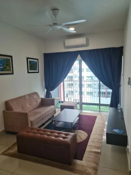 Living features: 3-seater fabric sofa in beige, coffee table with glass top, area rug with geometric pattern, wall-mounted TV console, floor-to-ceiling windows, curtains in dark blue, ceiling fan, air conditioning unit, framed artwork on walls, tile flooring; style: modern; view: city.