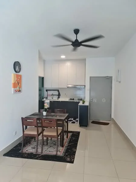 Dining features: 4-seater dining table, wooden dining chairs, area rug with geometric pattern, 5-blade ceiling fan with light, white painted walls, tile flooring, kitchenette with cabinets, stainless-steel sink, built-in oven, refrigerator, countertop, sliding glass door, window with view; style: modern.