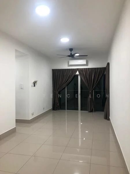 Living features: white painted walls, glossy ceramic tile flooring, 5-blade ceiling fan with light, wall-mounted split AC, floor-to-ceiling sliding glass door, sheer curtains, dark brown curtains, recessed downlights; style: modern.