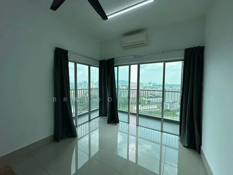 Room features: floor-to-ceiling windows, grey curtains, white painted walls, polished tile flooring, ceiling-mounted air conditioning unit, city skyline view, sliding glass door, recessed ceiling lights; style: modern; view: city.