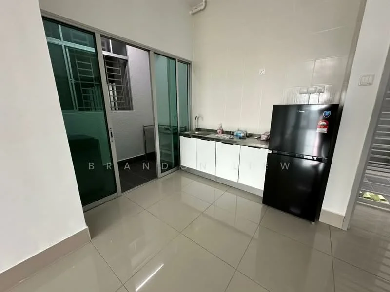 Kitchen features: white cabinetry, black refrigerator, stainless-steel sink, grey countertop, ceramic tile flooring, sliding glass door, window with metal grille, wall-mounted faucet; style: modern.
