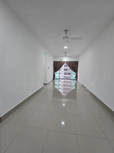 Living features: white painted walls, glossy ceramic tile flooring, 2 ceiling fans, floor-to-ceiling windows, curtains, natural light, open layout, neutral color scheme; style: modern; view: city.